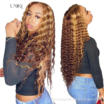 Uniky Glueless Honey Brown Blonde Highlight Color Deep Wave Brazilian Virgin Human Hair Lace Wigs For Black Woman